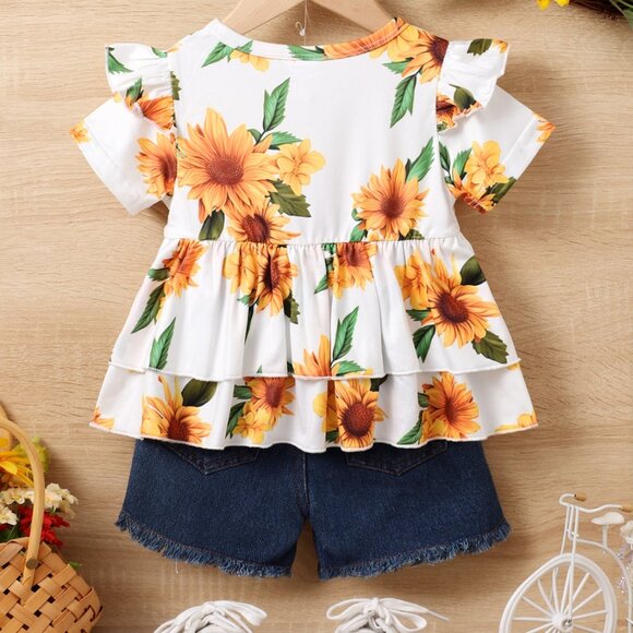 2T 3T Baby Girl Sunflower Outfit Set | Ruffle Sleeve Top + Denim (9-12M, 2T, 3T) - Picture 10 of 10
